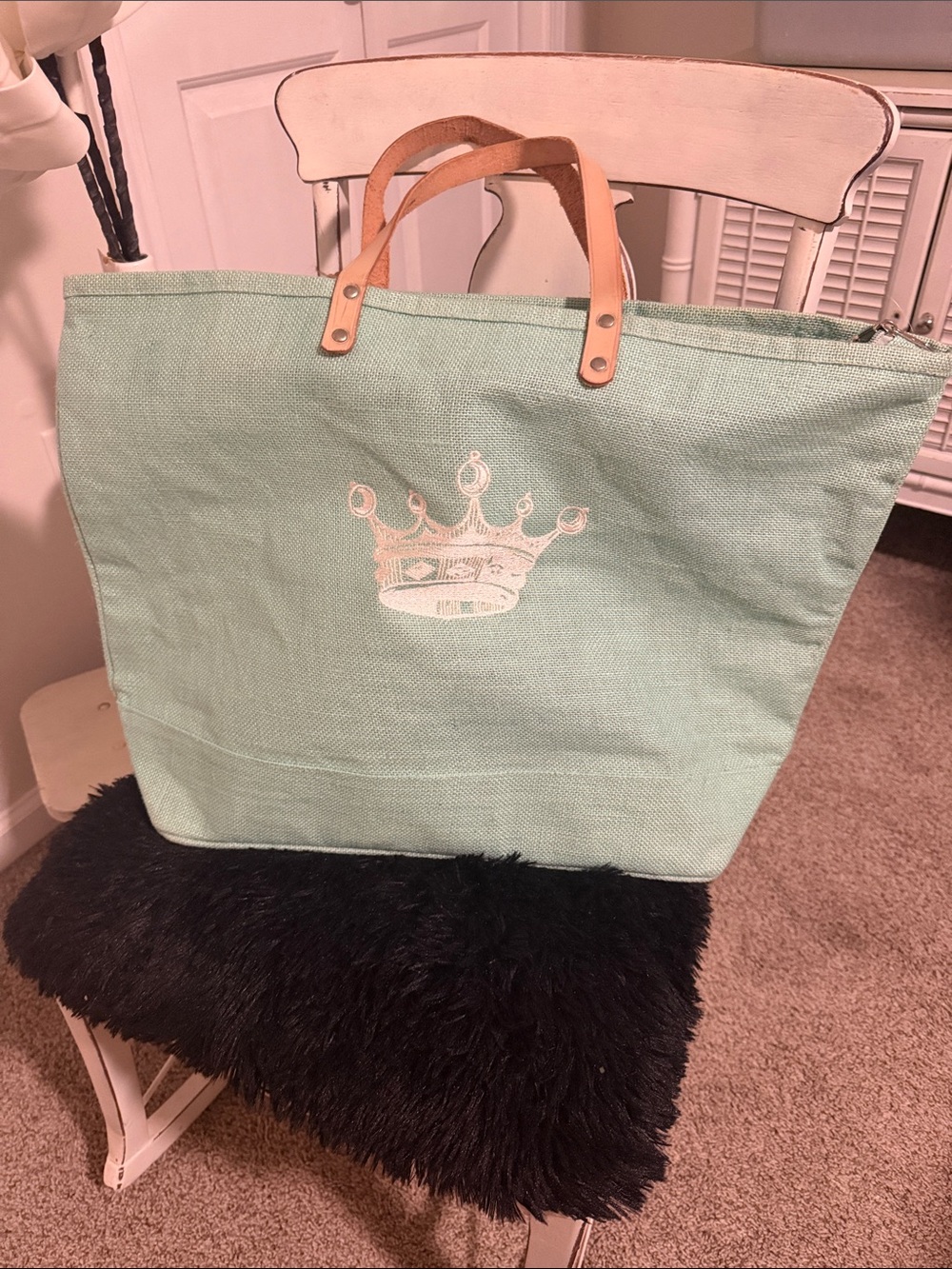 Mint Canvas Tote with Crown Motif and Tan Handles/beach bag